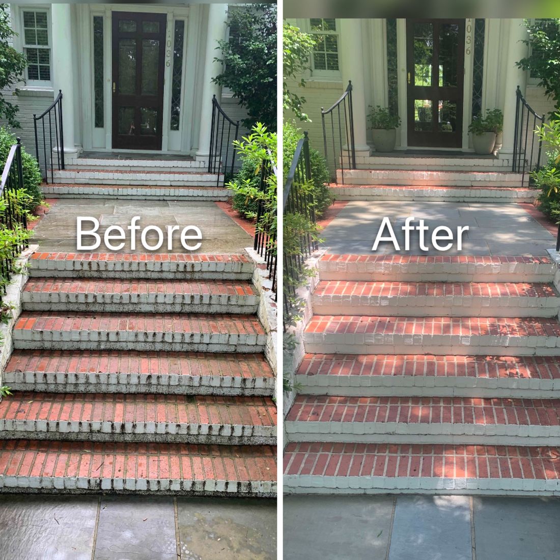 Side by side before and after of a brick and stone front staircase; the before is streaked with black mould, the after is clean