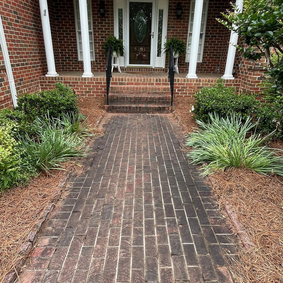 Brick walkway before pressure washing, dark with algae and staining